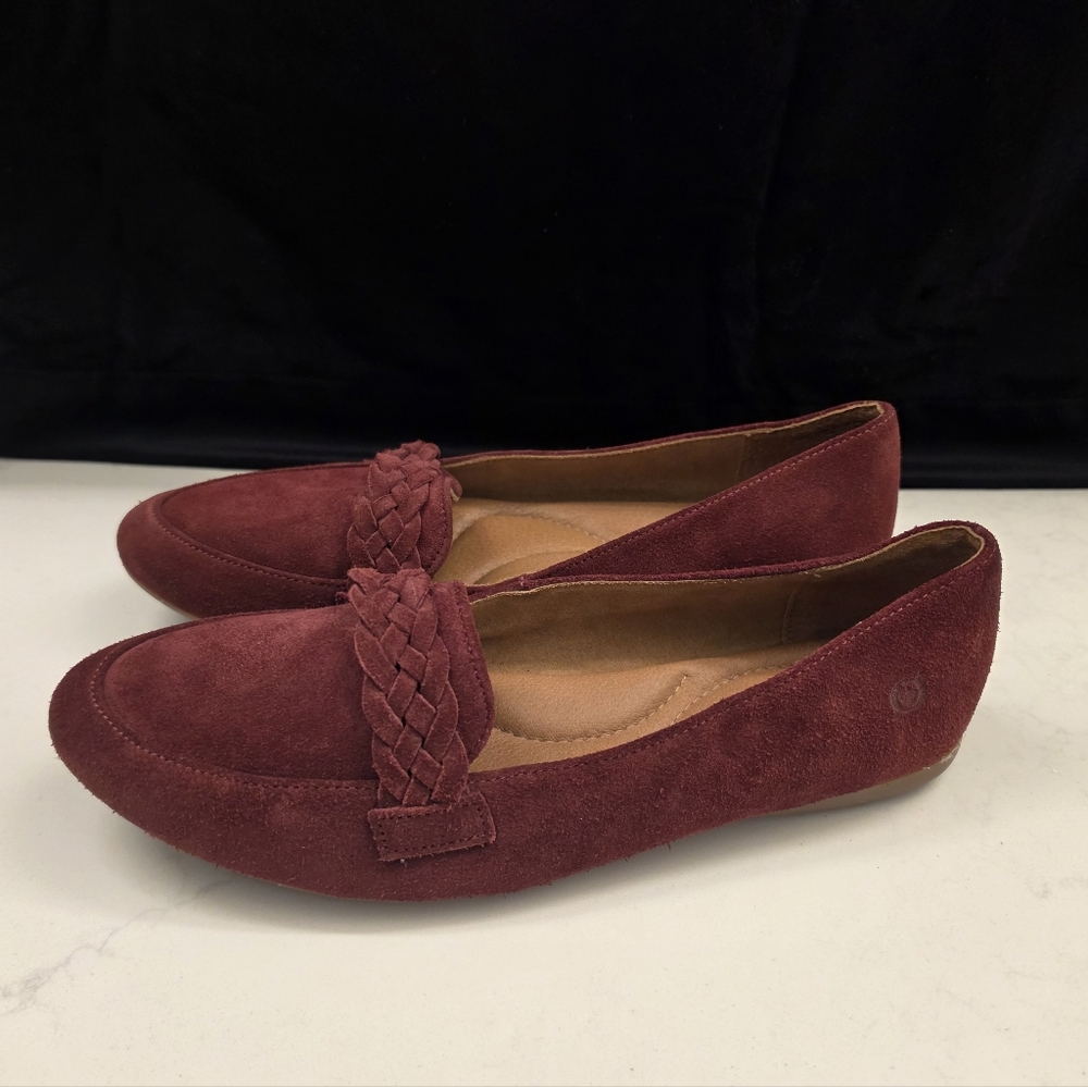 BØRN Rust Red Suede Loafers – Burgundy | Braided Detail | Comfort Flats | Size 9